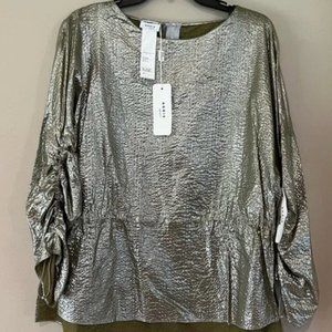Akris Punto Blouse Top Silver 100% Cotton with Adjusted Sleeves Size 4